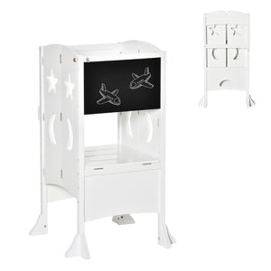 Tabouret de cuisine pliable pour tout-petits avec tableau noir et rampe verrouillable, Blanc