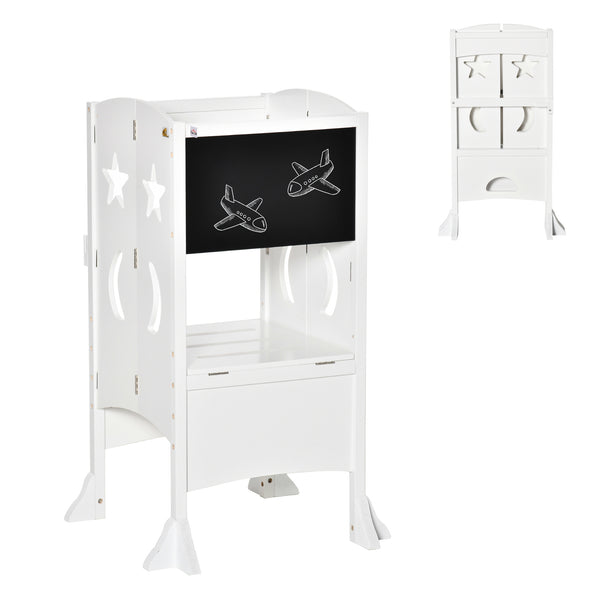 Tabouret de cuisine pliable pour tout-petits avec tableau noir et rampe verrouillable, Blanc