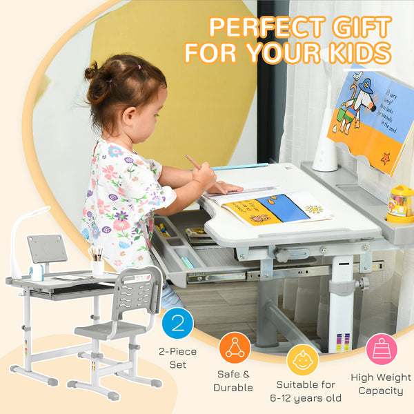 Ensemble bureau et chaise réglable en hauteur avec plateau inclinable, gris