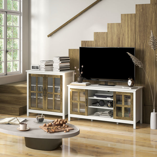 Kitchen Sideboard with 2 Glass Doors and Adjustable Shelf for Dining Room or Living Room, Antique White