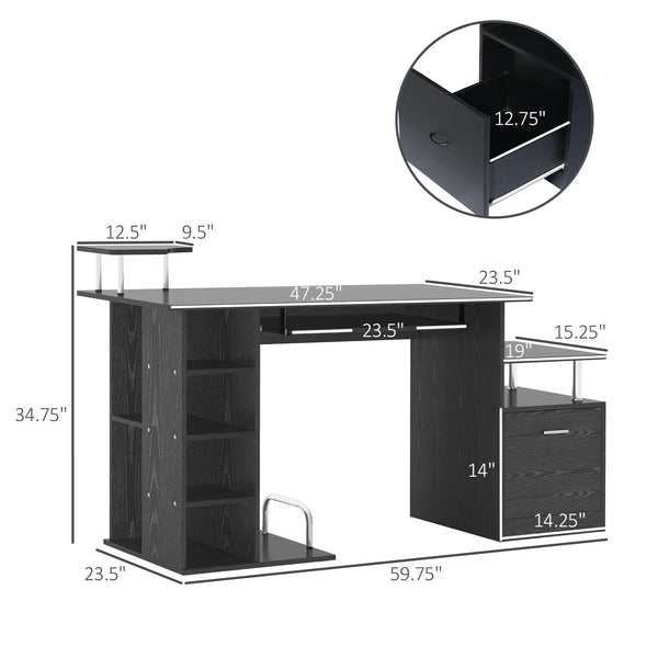 Bureau d'ordinateur en bois pour ordinateur portable avec étagère de rangement et tiroir, noir