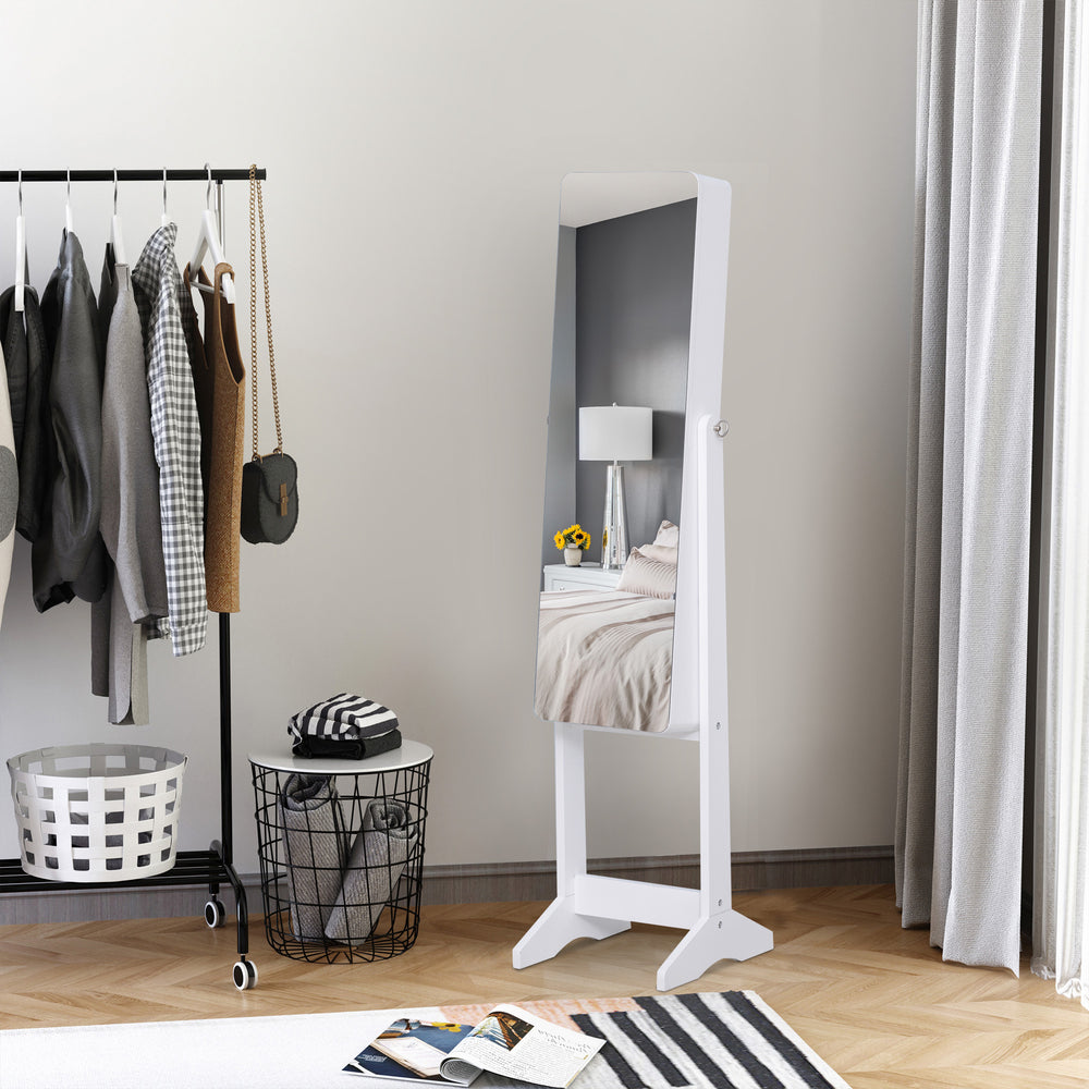 Armoire à bijoux sur pied avec miroir, éclairage LED et support, blanc