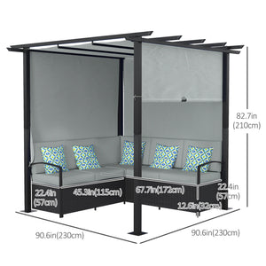 Wicker resin furniture set with retractable pergola, grey