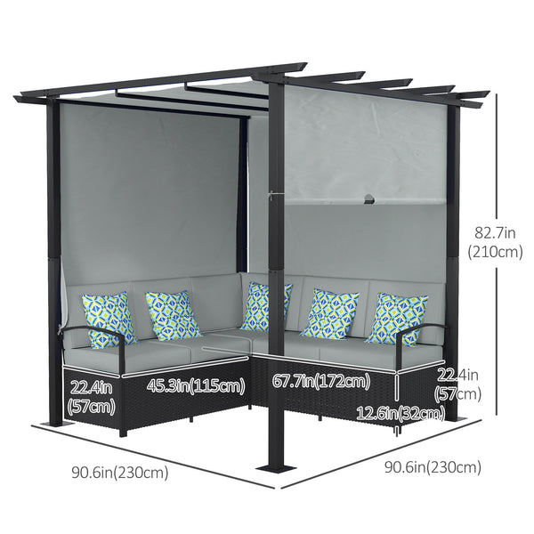 Wicker resin furniture set with retractable pergola, grey