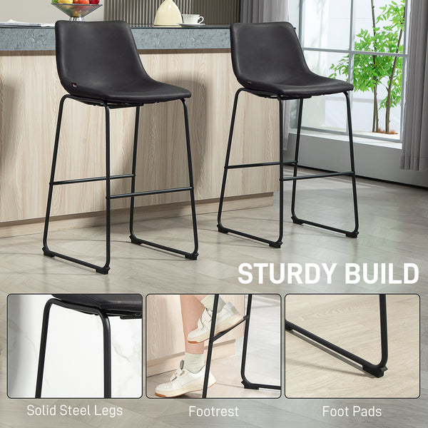 Ensemble de 2 tabourets de bar style vintage en similicuir, avec repose-pieds, marron foncé.