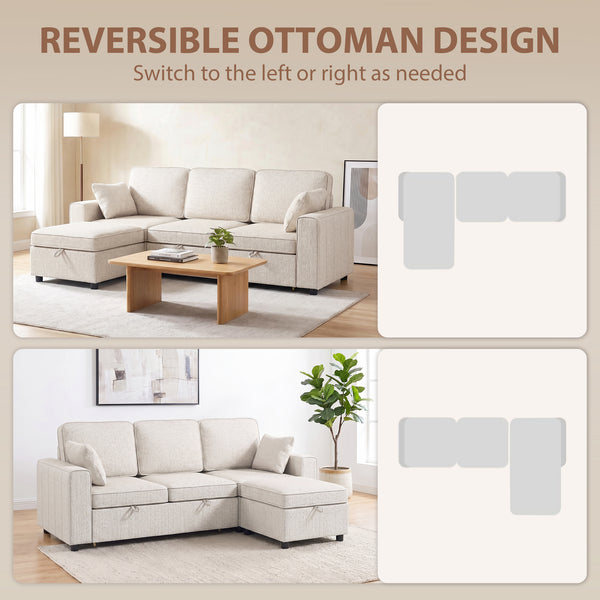 Canapé-lit d'angle modulable avec pouf de rangement réversible avec coussin à ressorts, beige