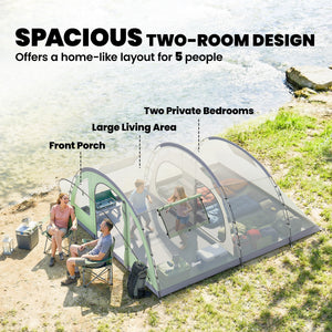 Tente de camping multi-pièces pour 5 personnes, facile à monter avec 4 fenêtres et un porche, vert clair