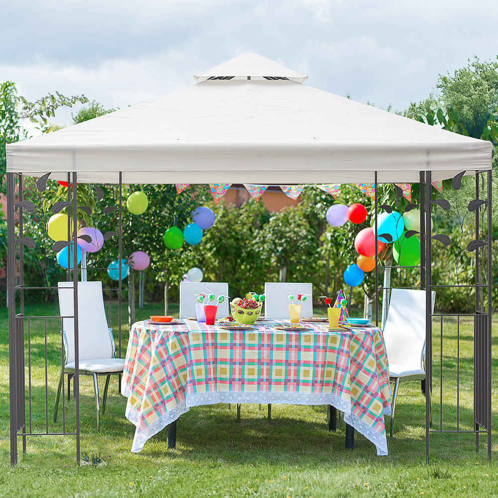 Gazebo 10 x 10 en métal avec structure décorative et toit ventilé, couleur crème