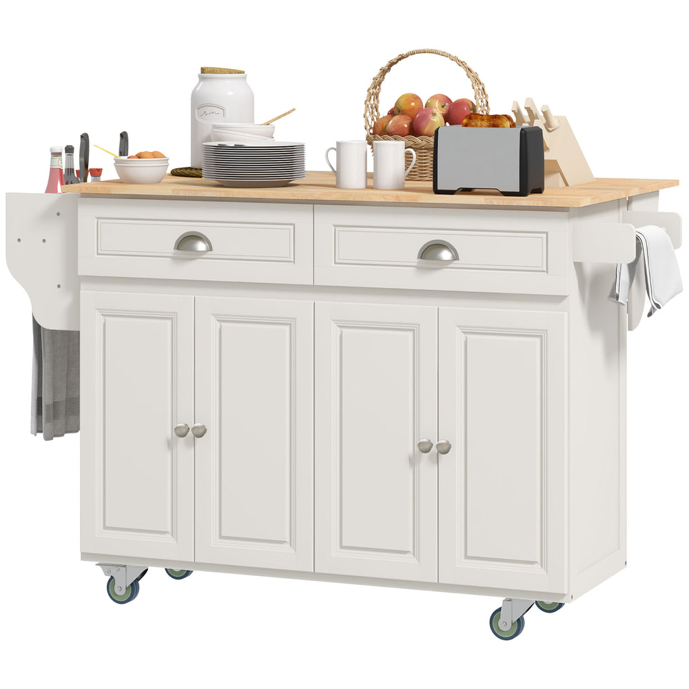 Îlot de cuisine avec rangement avec abattant, plateau en bois d'hévéa et étagères réglables, blanc crème