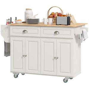 Îlot de cuisine avec rangement avec abattant, plateau en bois d'hévéa et étagères réglables, blanc crème