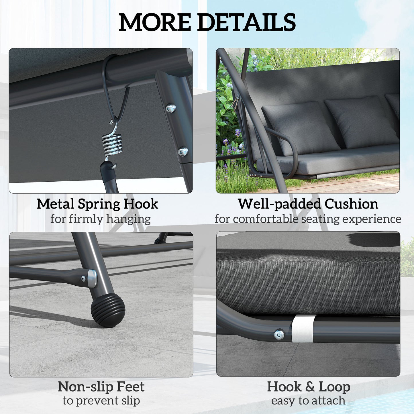 Outsunny Patio Swing Chair, 3 Person Convertible Hammock, Outdoor Swing Lounge Bed, Cushioned with Tilt Canopy, Dark Gray |