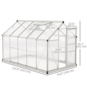 Polycarbonate greenhouse with gutter, vents and sliding door, silver color