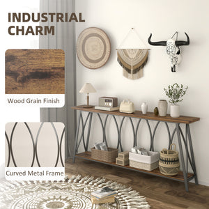 Industrial style two-tier console table with metal frame, rustic brown color.