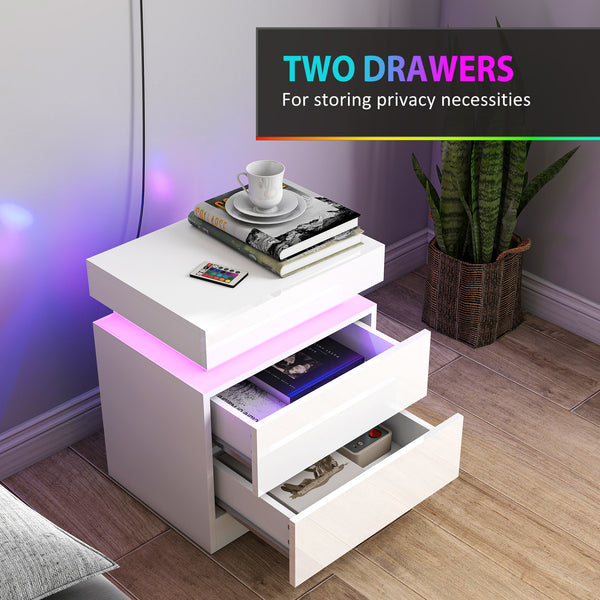 Ensemble de 2 tables de chevet avec éclairage DEL RGB, contrôle Bluetooth et 2 tiroirs – Blanc