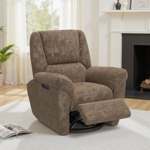 Fauteuil inclinable électrique, revêtu de tissu, avec ports USB, fonction pivotante et à bascule, et repose-pieds, Brun