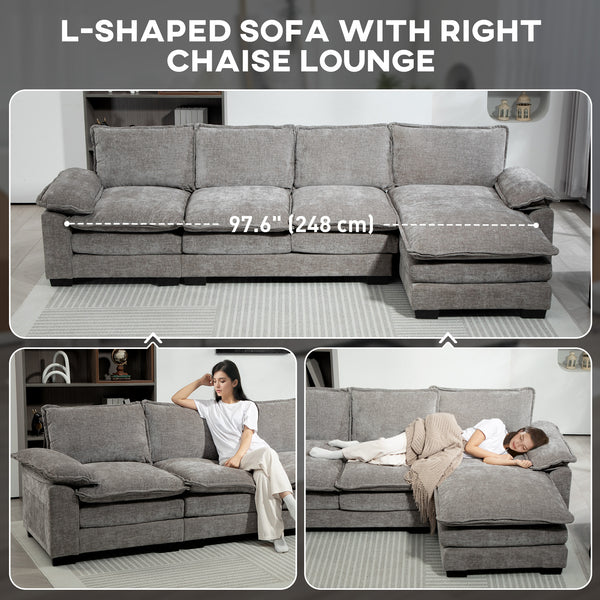 Chenille L-shaped sofa with double-layer seat cushion for living room, gray