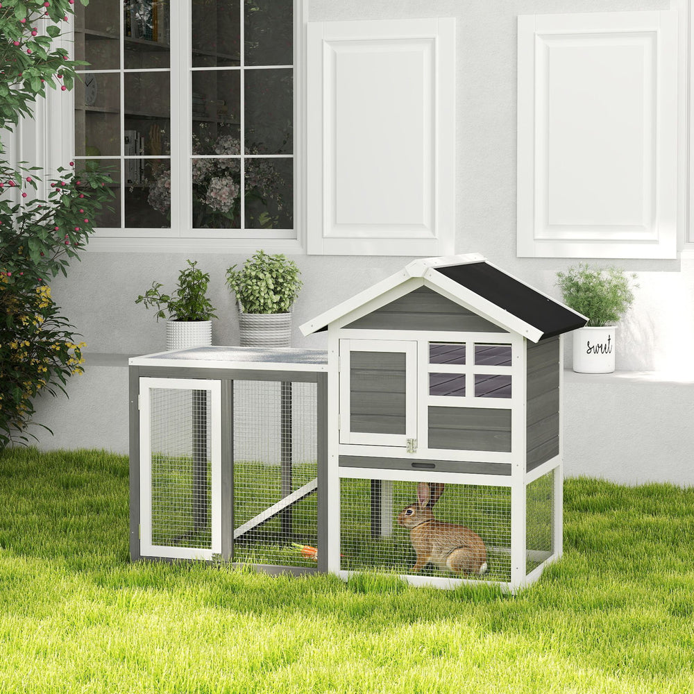 49" Weatherproof Wooden Rabbit Hutch With Slant Roof And Screened Outdoor Run, Grey