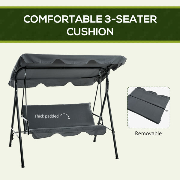 3-Seater Outdoor Porch Swing with Adjustable Canopy, Patio Swing Chair for Garden, Poolside, Backyard, Grey