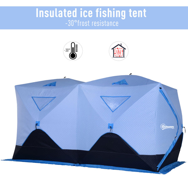 Insulated ice fishing shelter for 8 people with ventilation windows and carry bag, for temperatures down to -30°C, blue