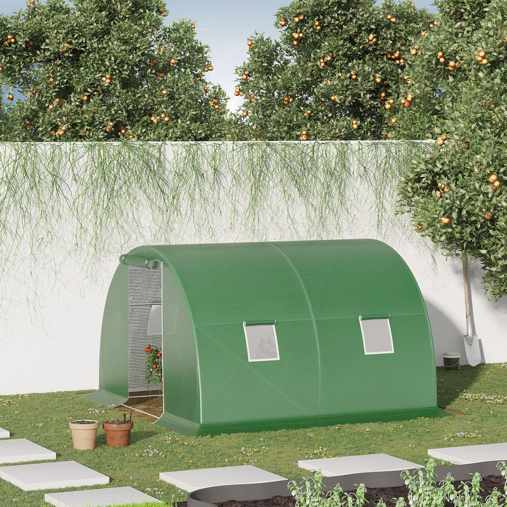 Heated tunnel greenhouse for plants with 4 windows and a zippered door