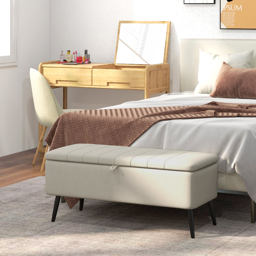 Pouf avec rangement rembourré en lin avec pieds en acier, blanc crème