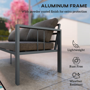 Canapé d'extérieur 3 places en aluminium avec coussins, assise large et accoudoirs, gris foncé