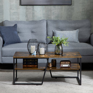 Table basse industrielle à deux niveaux avec étagère de rangement, brun rustique
