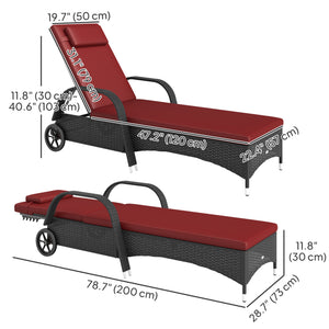 Chaise longue avec appui-tête, réglable sur 5 niveaux, dossier, roulettes, café profond et rouge vin
