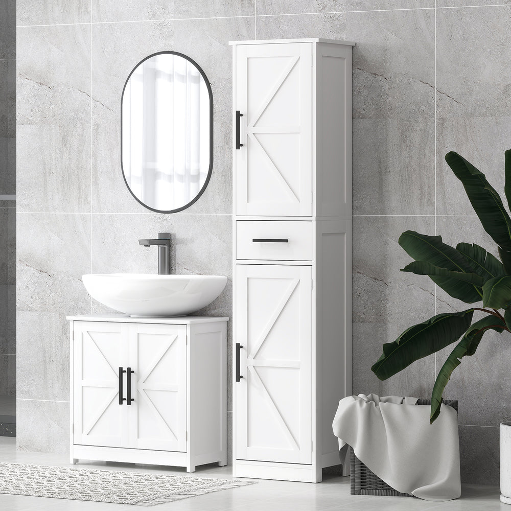 Meuble de salle de bain 170 cm de haut avec tiroir, portes de grange et étagères réglables, blanc