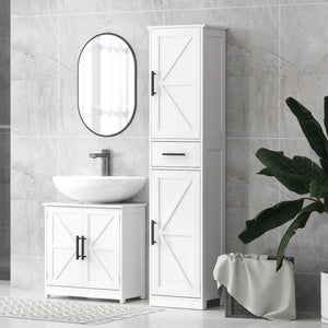 Meuble de salle de bain 170 cm de haut avec tiroir, portes de grange et étagères réglables, blanc