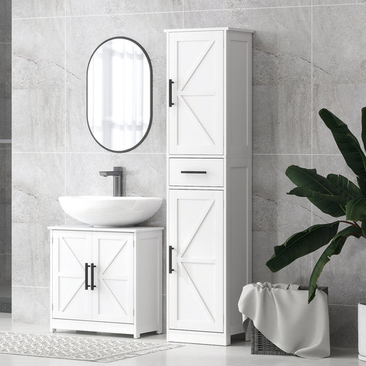Meuble de salle de bain 170 cm de haut avec tiroir, portes de grange et étagères réglables, blanc