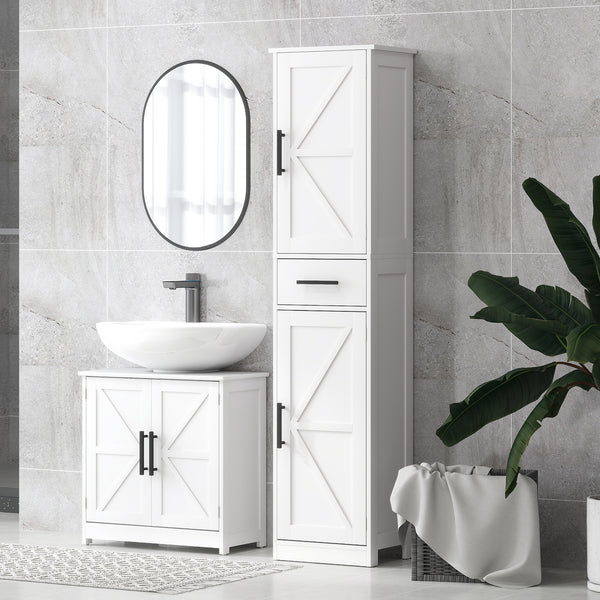 Meuble de salle de bain 170 cm de haut avec tiroir, portes de grange et étagères réglables, blanc