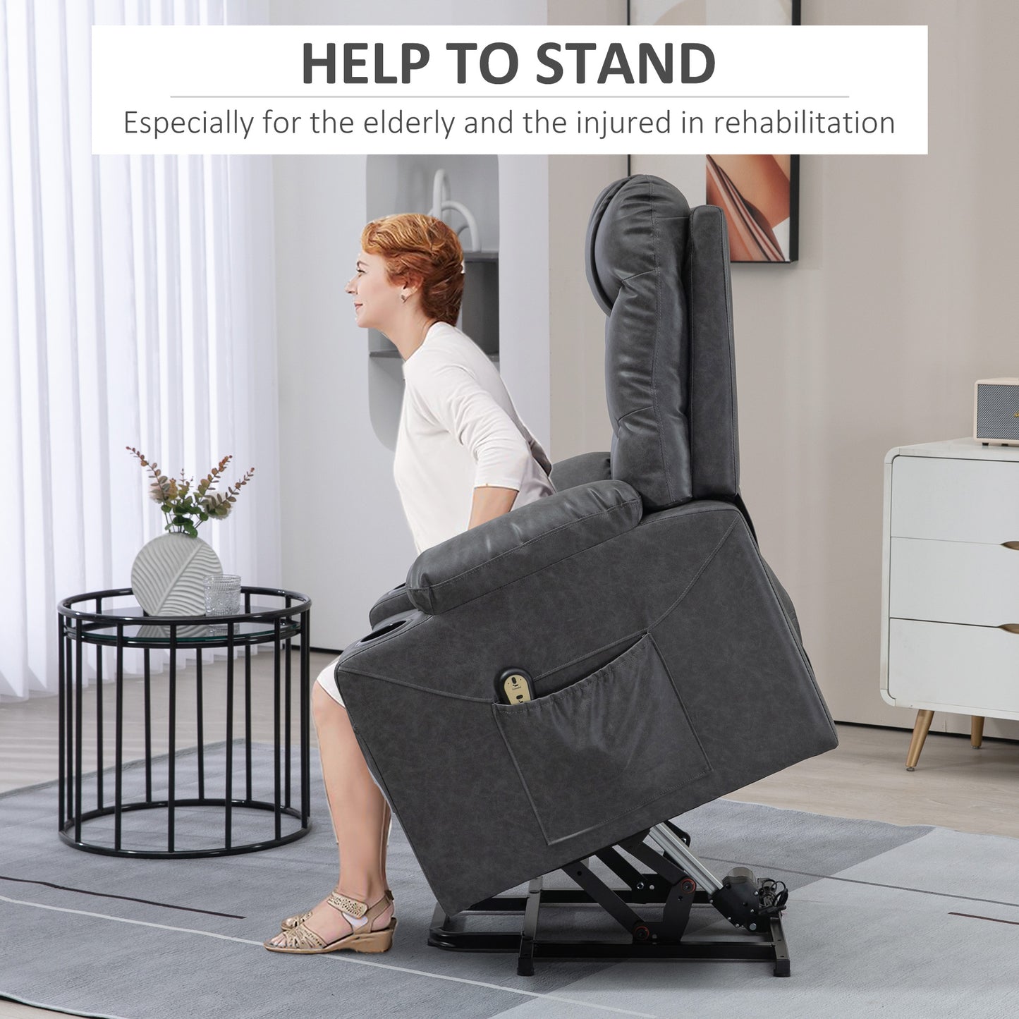 Fauteuil releveur inclinable électrique en cuir avec montage rapide, télécommande, porte-gobelets, poches latérales, gris