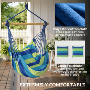 Hammock Chair Swing Hanging Macrame Chair w/ Two Soft Seat Cushions, Blue and Green