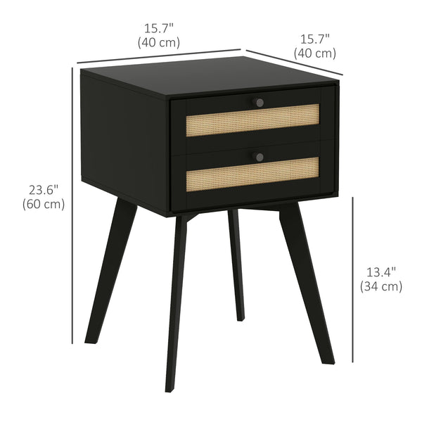 Lot de 2 tables de chevet bohèmes avec 2 tiroirs en rotin, noir