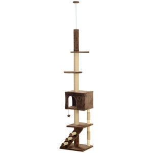 226-264 cm (89-104 in) Cat Tree with Scratching Post, Cat House, 3 Steps, Hanging Ball, Brown