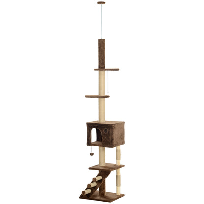 226-264 cm (89-104 in) Cat Tree with Scratching Post, Cat House, 3 Steps, Hanging Ball, Brown