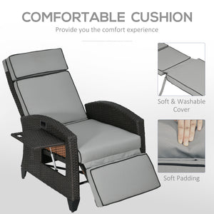 Outdoor Recliner Chair with Adjustable Backrest, Cushion, Side Tray, Light Grey