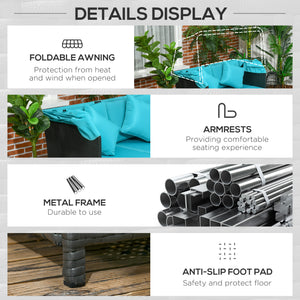 Patio Daybed, Outdoor Wicker Double Daybed, PE Rattan Sun Lounger for 2-Person with Cushions, and Foldable Awning, for Garden, Balcony, Poolside, Green