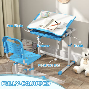 Height Adjustable Study Table and Chair Set with Drawer, Blue