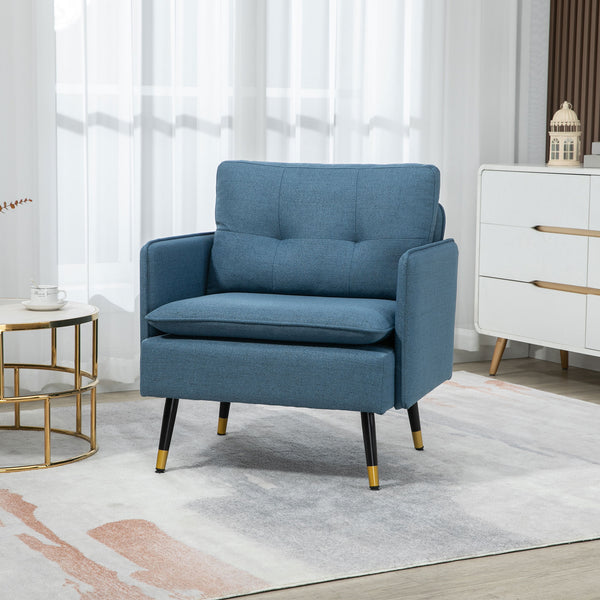 Fauteuil d'appoint moderne rembourré avec dossier capitonné et pieds en acier, bleu