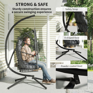 Fauteuil suspendu œuf avec support, balancelle pliable en rotin tressé avec coussin épais et corde de sécurité, gris