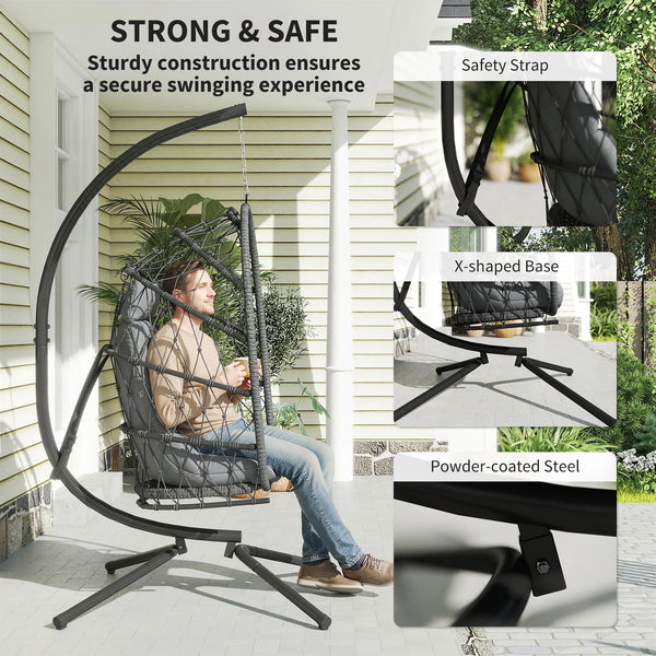 Fauteuil suspendu œuf avec support, balancelle pliable en rotin tressé avec coussin épais et corde de sécurité, gris