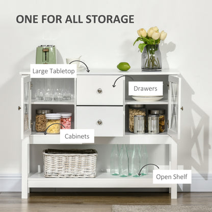 Meuble buffet à portes vitrées avec tiroirs de rangement et étagères réglables, table console pour salon, cuisine, entrée, blanc