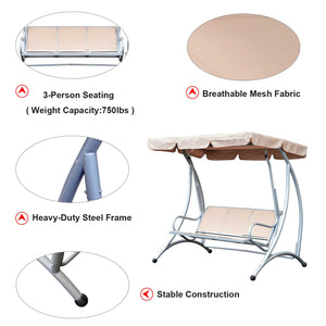3 Seat Metal Swing Chair Hammock w/ Canopy Cover Heavy Duty Patio Garden Outdoor Beige