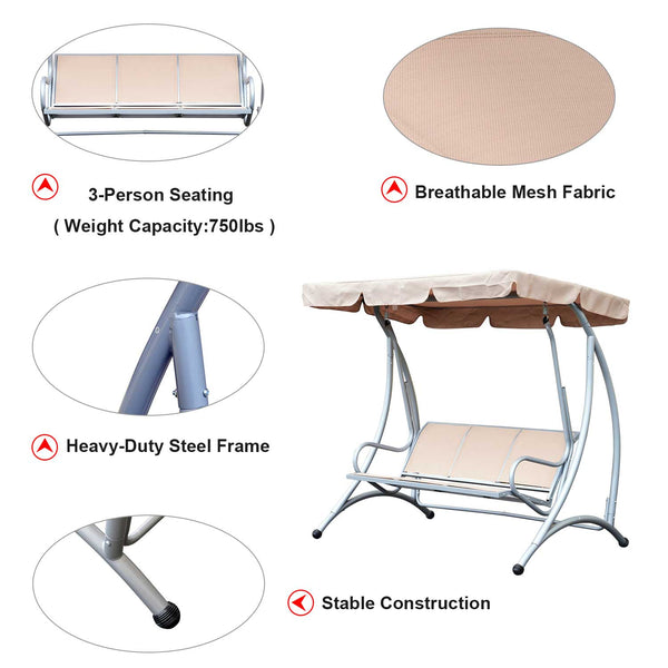 3 Seat Metal Swing Chair Hammock w/ Canopy Cover Heavy Duty Patio Garden Outdoor Beige