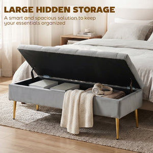 Banc ottoman avec rangement, assise capitonnée en velours et pieds dorés – Gris et doré