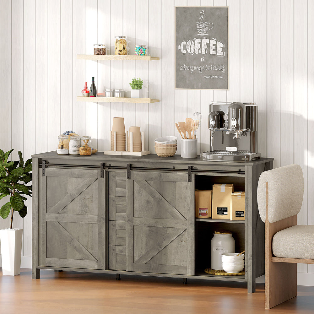 Buffet de style campagnard avec portes coulissantes, tiroirs et étagères réglables, gris clair vieilli