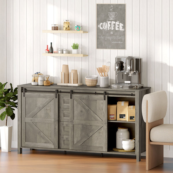 Buffet de style campagnard avec portes coulissantes, tiroirs et étagères réglables, gris clair vieilli