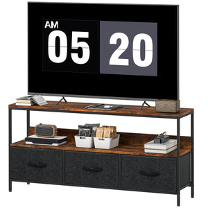 Furniture with charging station, 3 foldable linen drawers and open shelf for a 55-inch TV, rustic brown